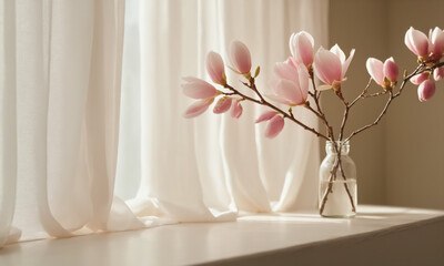Close up of a blooming soft magnolia in a small clear glass vase against a pastel background....