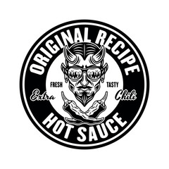 Hot sauce vector emblem, label, badge with devil head in monochrome style isolated on white background