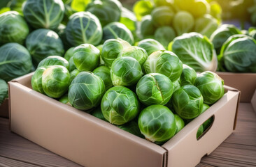 Harvested fresh Brussels sprouts in a cardboard box against a background of cabbage and greenery, soft sunlight.