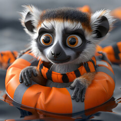 A 3D animated cartoon render of a friendly lemur helping a stranded sailor.
