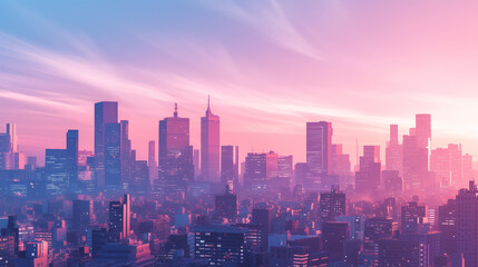 City skyline with a pink and purple sky