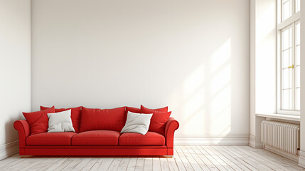 red couch sits in a white room with a window