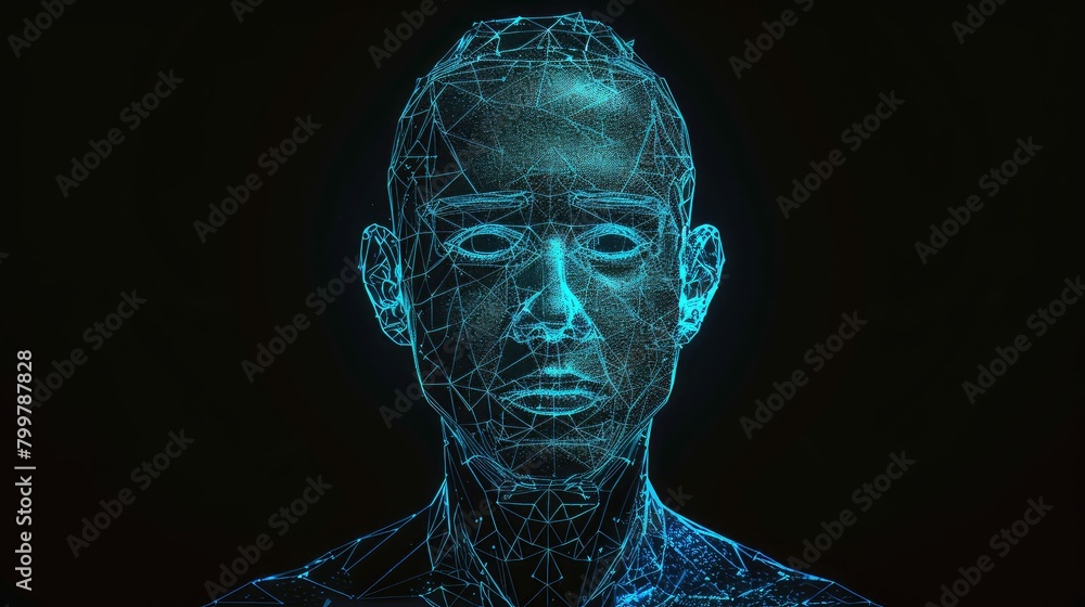 Poster an artistic rendition of a cyborg man with ai, showcasing biometric scanning and face recognition te