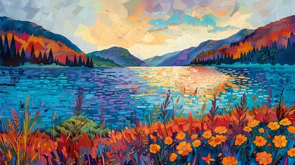 mountains and lakes and forests abstract art poster background