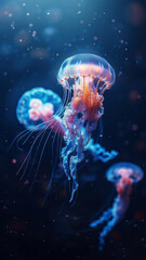 Vibrant Jellyfish Dance, Illuminating the Deep Blue