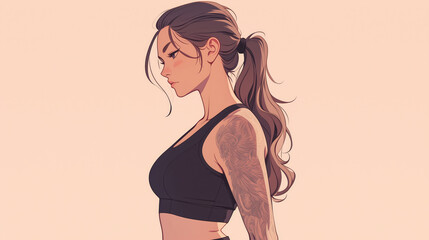 Woman in sportswear with a ponytail and tattoos on arm, beautiful body shape - obrazy, fototapety, plakaty