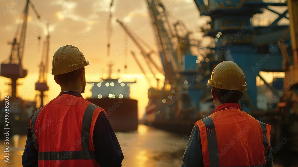 Aufkleber a dynamic shot showcasing the rear view of two dock workers observing operations in a shipyard, with