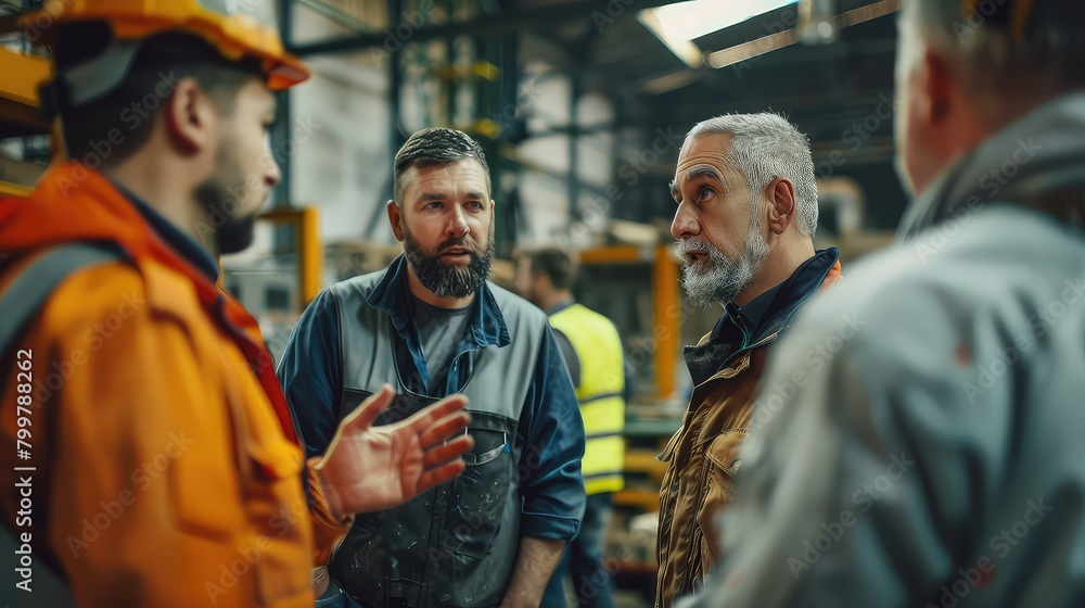 Poster a focused shot of factory workers and engineers gathered in a workshop, engaged in discussion about 