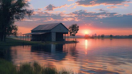 A barn on lake with a beautiful sunset. Generative AI.