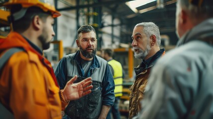 Fototapeta premium A focused shot of factory workers and engineers gathered in a workshop, engaged in discussion about work projects, showcasing collaboration and teamwork in industrial settings. 