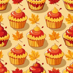 Seamless pattern of maple cupcakes glazed with sweet maple syrup, Generative AI