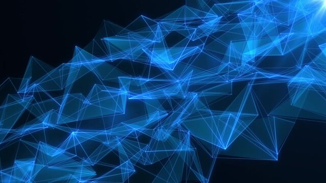 Connected blue plexus lines and dots move from left corner to right ,with light ray seamless loop on darl blue background
