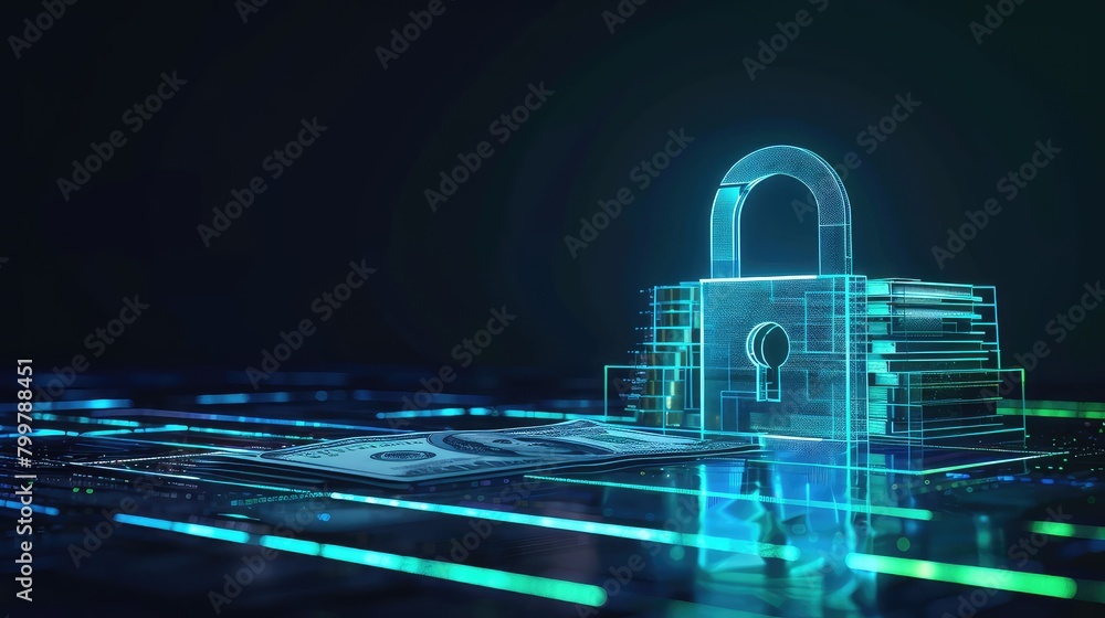 Poster a futuristic visualization featuring a money lock with a padlock icon securing a stack of currency b