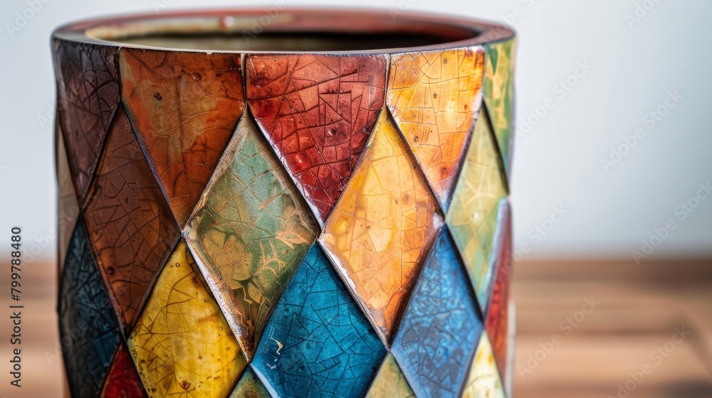Aufkleber a cylindrical vase its smooth surface covered in textured diamond shapes in a range of bright colors