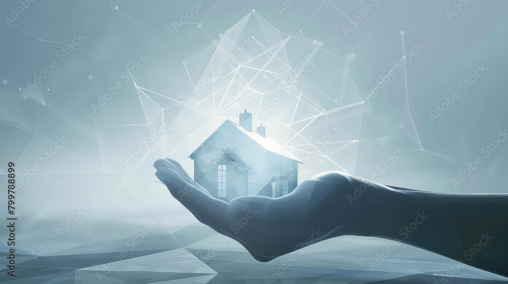 Aufkleber a minimalist composition showcasing an open hand presenting a stylized low-poly country house icon, 