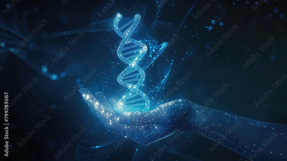 Poster a striking visual of a dynamic blue hand offering a glowing 3d dna helix to the viewer, emphasizing 