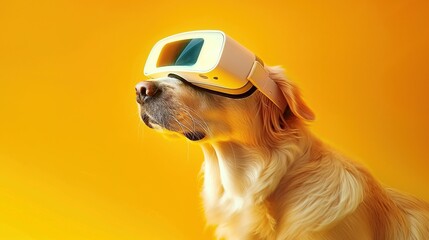 A dog wearing a VR headset in front of a yellow background