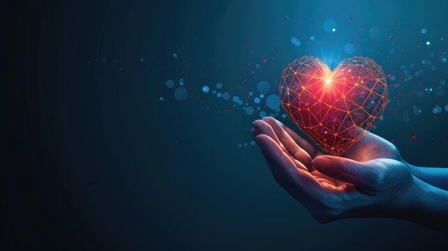 A modern abstract design showcasing the concept of social relationships and humanitarian aid with a glowing low polygonal heart shape held by two hands