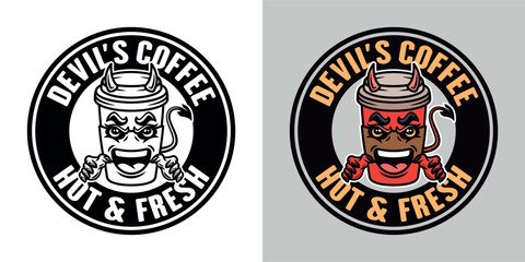 Devil coffee paper cup mascot vector round emblem, badge, label or print design in two styles, black on white and colorful