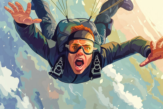 Man in Black Suit and Goggles Skydiving Mid-Air with Parachute Issues, Looking Alarmed