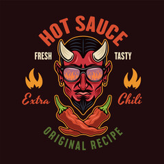 Hot sauce vector emblem, label, badge with devil head in colored style on dark background