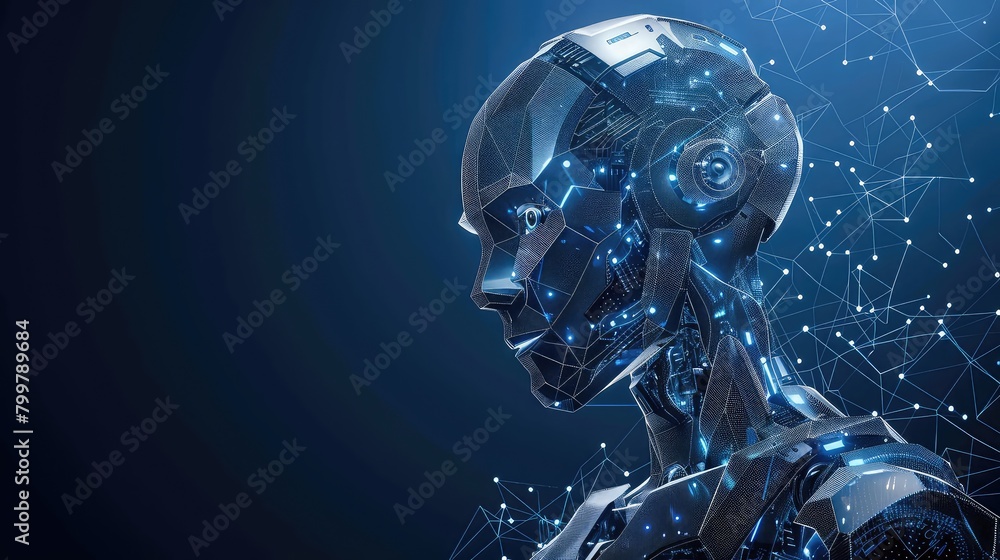 Poster an abstract composition depicting a robot with artificial intelligence, incorporating biometric scan