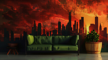 Red and orange sunset skyline poster, fits chic living rooms with a green sofa.
