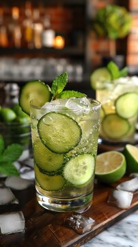refreshing cucumber cocktail with mint and lime