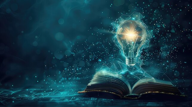 An artistic depiction of a glowing low polygonal book emitting inspiration above an electric light bulb, representing the transformative power of futuristic knowledge and creative thinking.