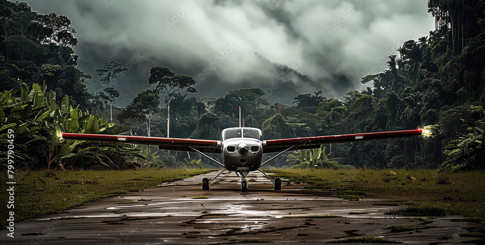 Poster A small plane on an empty grass runway in the jungle. Generative AI.