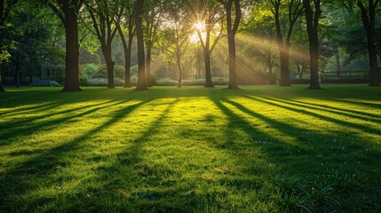 Obraz premium The fading light of sunset casts a soft, golden glow over a field of green grass, the dew drops shimmering in its warmth. 