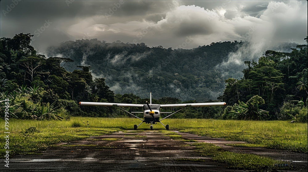 Poster A small plane on an empty grass runway in the jungle. Generative AI.