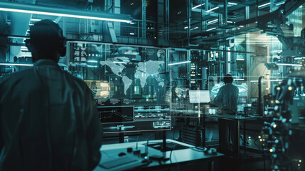 Future Technology: Teams of engineers and professional workers in industrial production plants using digital graphics are automated machines.