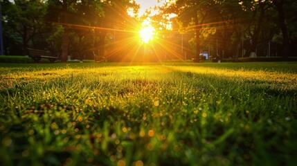  A picturesque sunset casts a warm glow over a lush carpet of green grass, the dew drops shimmering in the fading light. 