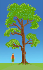 Boywith blue beret standing by a tall strong tree. Vector illustration.