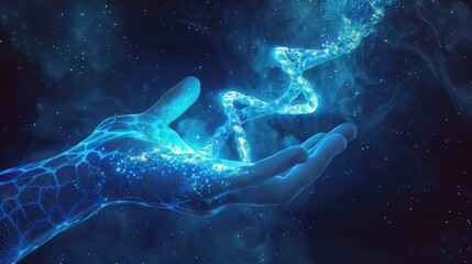 An artistic rendition of a spectral blue hand gently guiding a vibrant 3D DNA helix through space, evoking the idea of controlled genetic modification. 