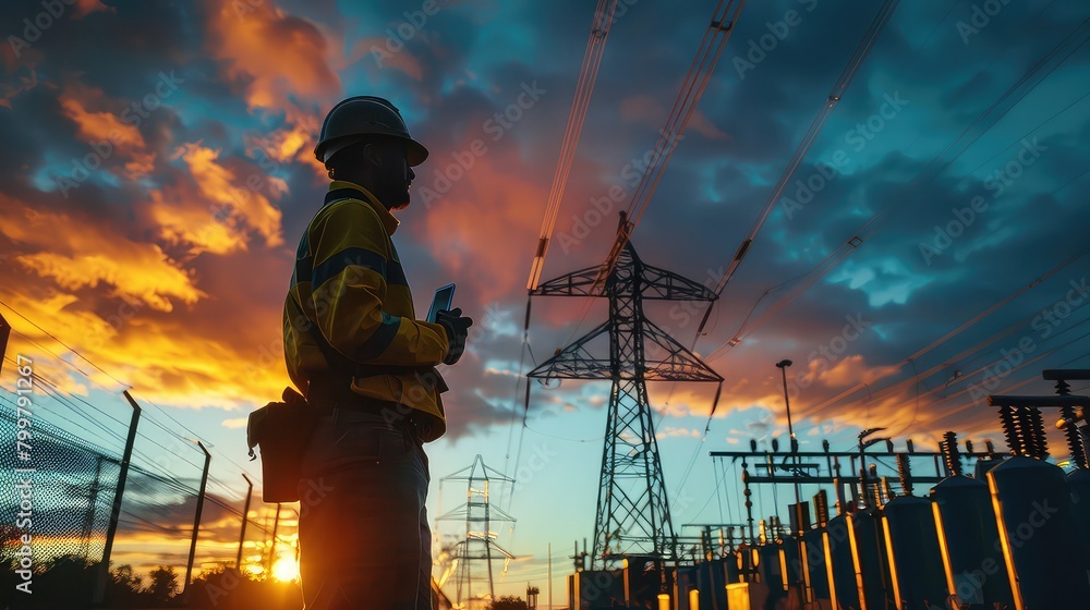 Fototapete an atmospheric image of a substation power worker using a thermal imaging camera to detect hotspots 