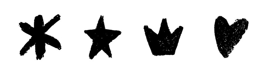 star, heart, crown basic geometric shapes set. Hand drawn Noise grunge pencil charcoal or crayon texture figures.