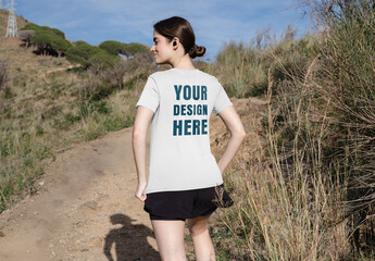 Mockup of woman wearing customized sports t-shirt from behind