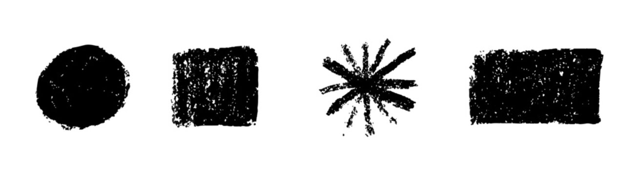 square, rectangle, circle basic geometric shapes set. Hand drawn Noise grunge pencil charcoal or crayon texture figures
