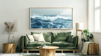 Poster of stylized ocean waves, ideal for living rooms with a green sofa and wood.