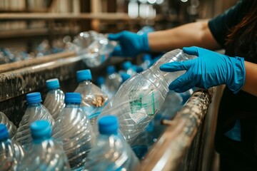 Obraz premium Sorting waste in blue gloves for recycling, eco-friendly waste management concept
