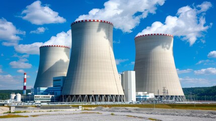 Obraz premium Effects of nuclear power plant pollution on environment, with smokestacks and gas pipelines