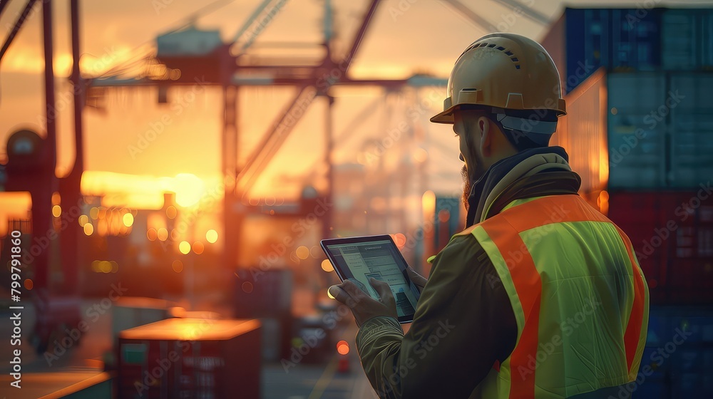 Poster an atmospheric shot capturing an engineer utilizing a digital tablet to provide guidance to a dock w