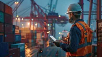 An atmospheric shot capturing an engineer providing guidance to a dock worker using a digital tablet, with stacks of containers and cranes blurred in the background.