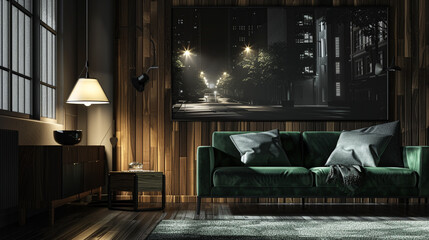 Black and grey cityscape at night, ideal for a chic living room with wooden decor.