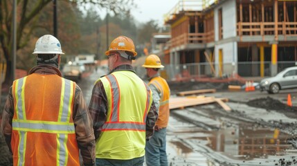 An inspiring image of construction workers in reflective vests, brainstorming ideas and discussing the next phase of construction.