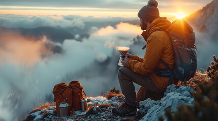 A hiker brewing coffee with cone filters on a misty mountaintop, invigorated, soft morning glow. Generative AI.