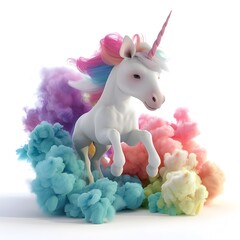 Ethereal White Unicorn with Colorful Smoke like Mane Floating on White Background - obrazy, fototapety, plakaty