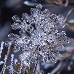Delicate patterns adorn snowflakes in a winter landscape.